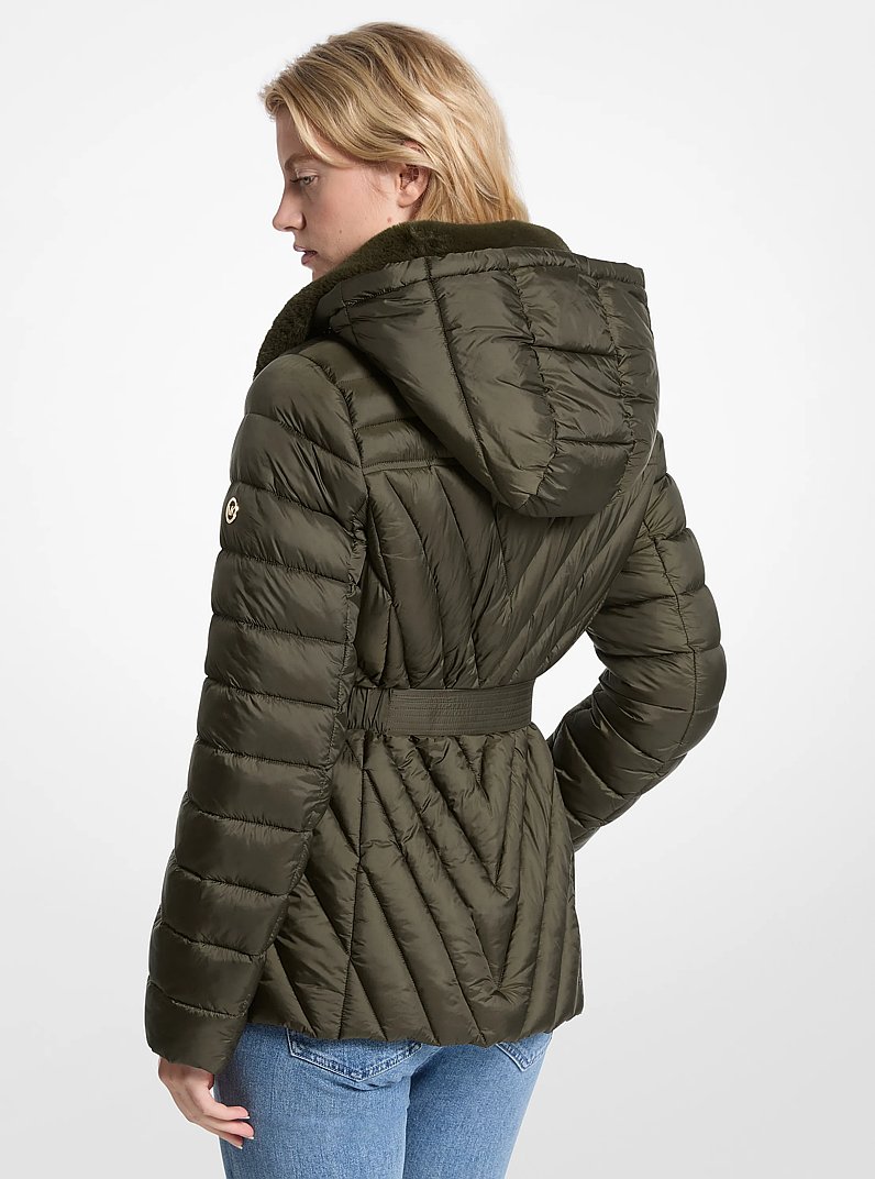 Faux Fur Trim Packable Nylon Puffer Jacket in IVY | Michael Kors
