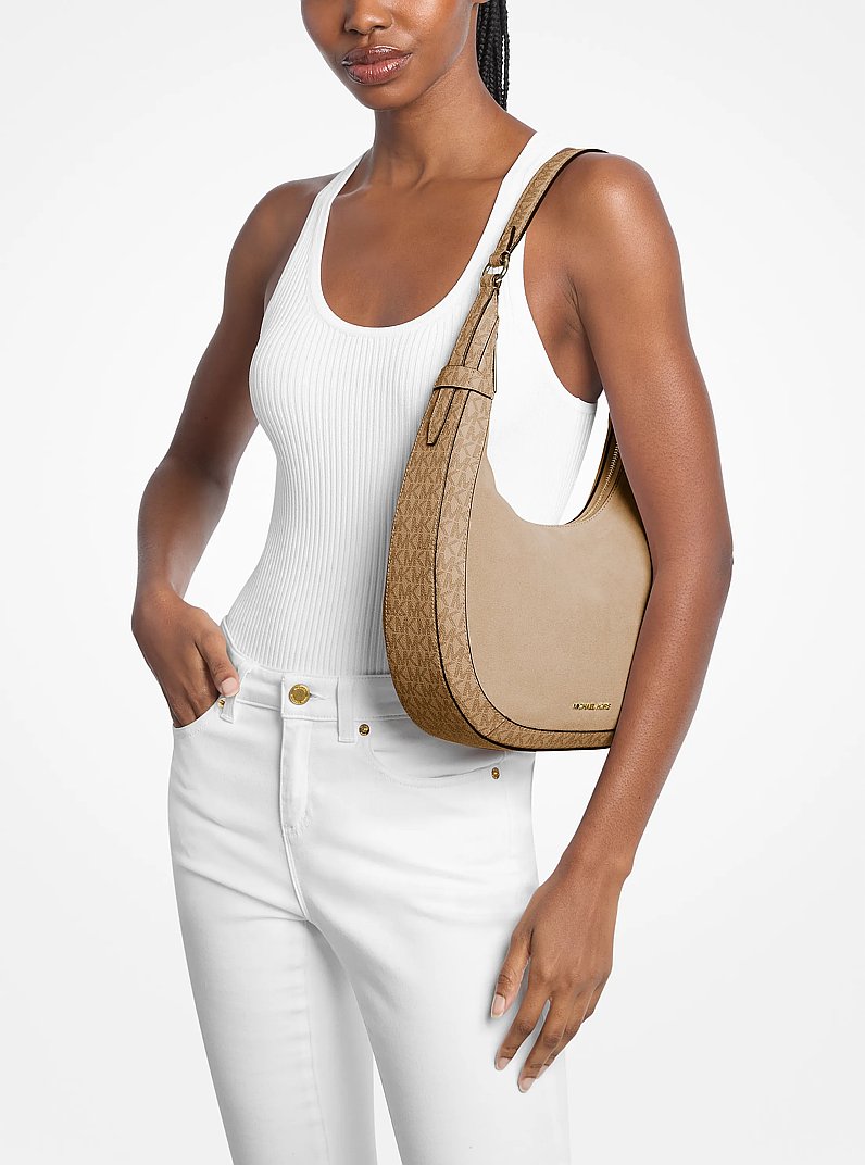 Preston Large Suede and Signature Logo Crescent Shoulder Bag in CAMEL | Michael Kors