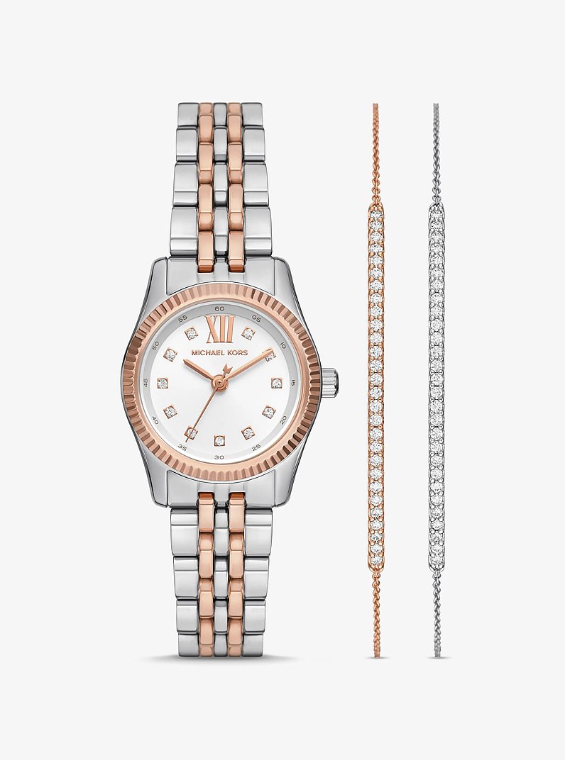 Lexington Pav&eacute; Two-Tone Watch and Slider Bracelet Gift Set in ROSE GOLD | Michael Kors