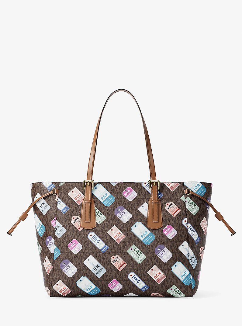 Voyager Large Printed Signature Logo Tote Bag in BROWN | Michael Kors