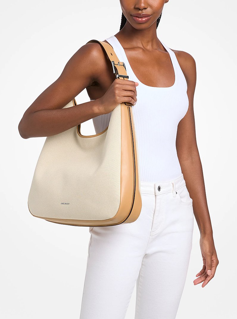 Nolita Large Two-Tone Canvas Hobo Shoulder Bag in PEANUT | Michael Kors