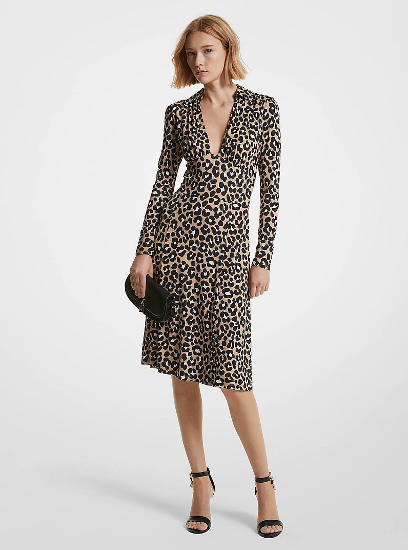 Leopard Print Stretch Matte Jersey Dress in KHAKI/BLACK | Michael Kors