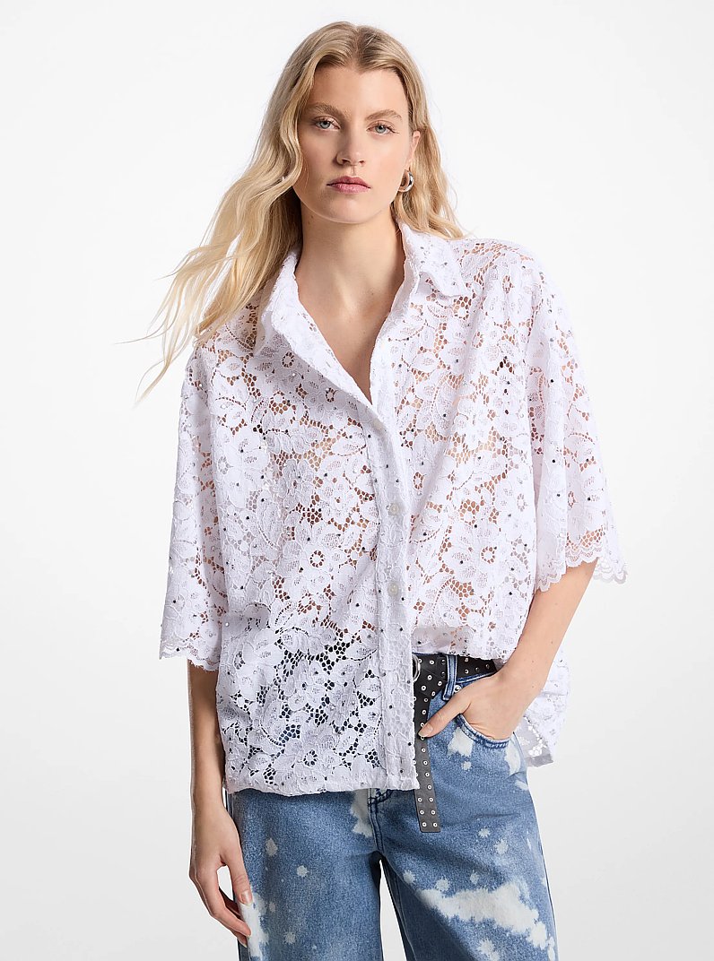 Studded Corded Floral Lace Shirt in WHITE | Michael Kors