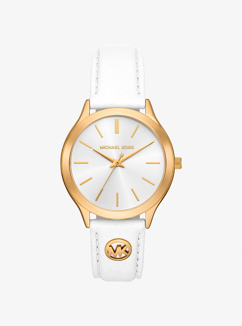 Slim Runway Gold-Tone and Leather Watch in OPTIC WHITE | Michael Kors