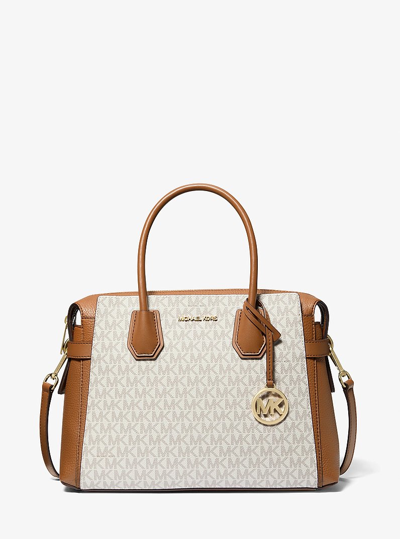 Mercer Medium Signature Logo and Leather Belted Satchel in VANILLA | Michael Kors