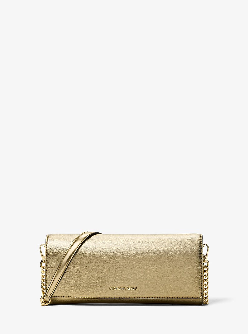 Jet Set Medium Embellished Metallic Leather Clutch in PALE GOLD | Michael Kors