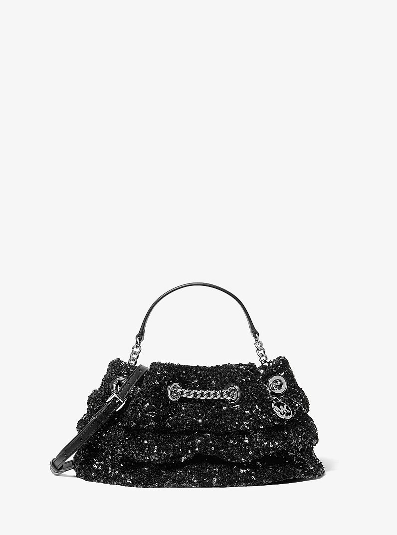 Mina Small Sequin Embellished Convertible Pochette in BLACK | Michael Kors