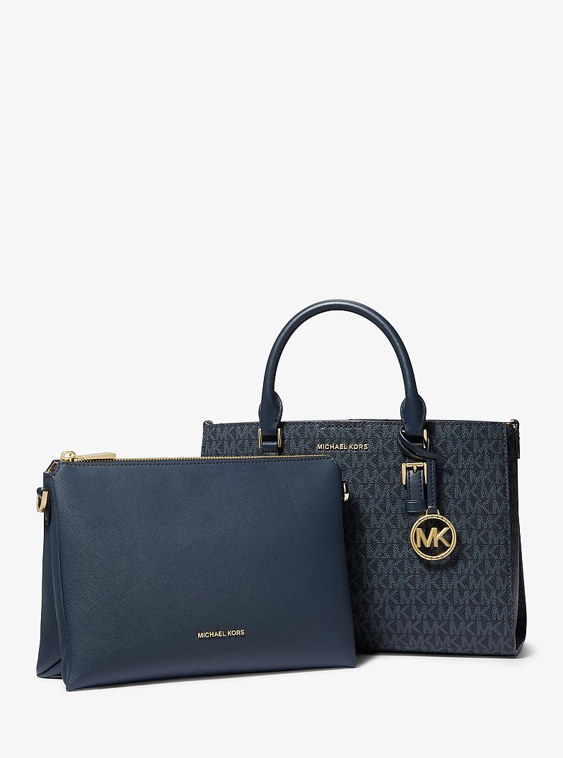 Bolso satchel 2 en 1 mediano con logotipo in AZUL OSCURO/AZUL P&Aacute;LIDO | Michael Kors