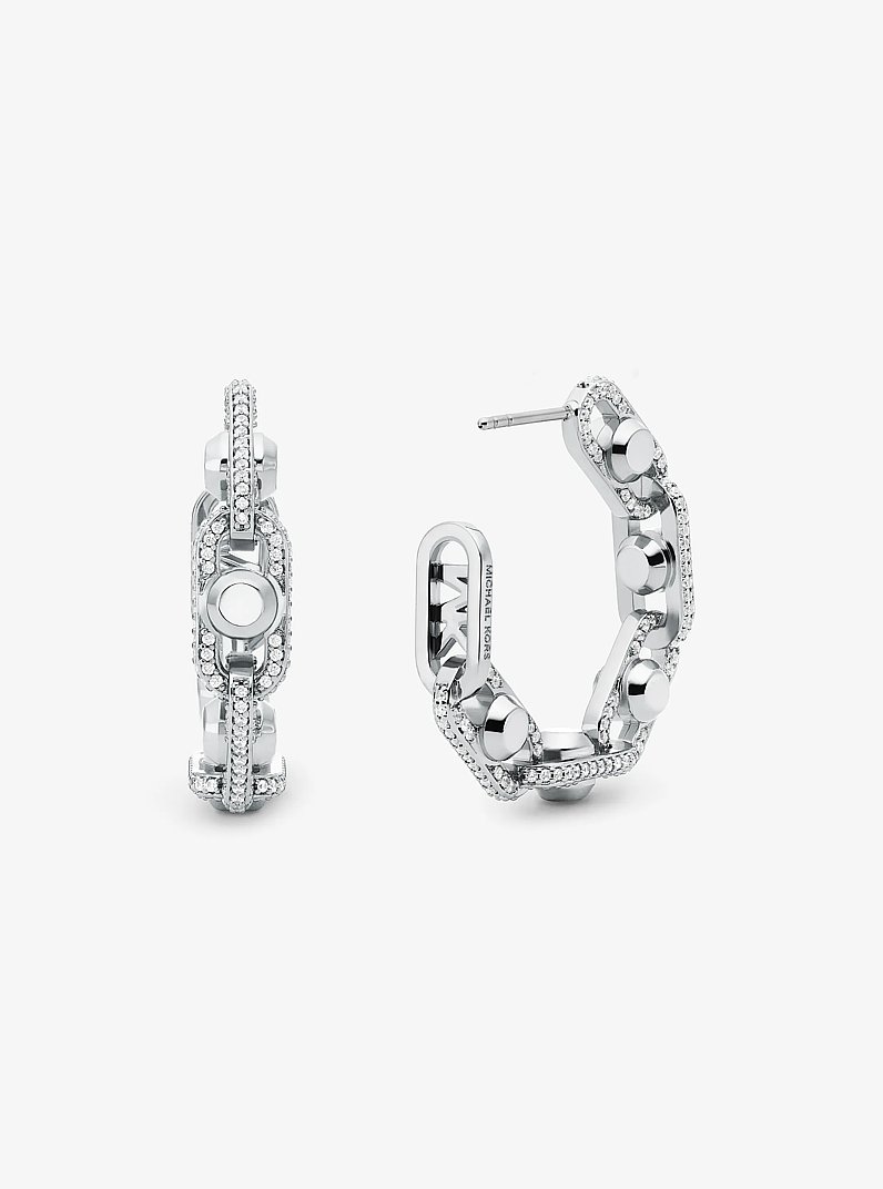 Astor Link Medium Precious Metal-Plated Brass Pav&eacute; Hoop Earrings in SILVER | Michael Kors