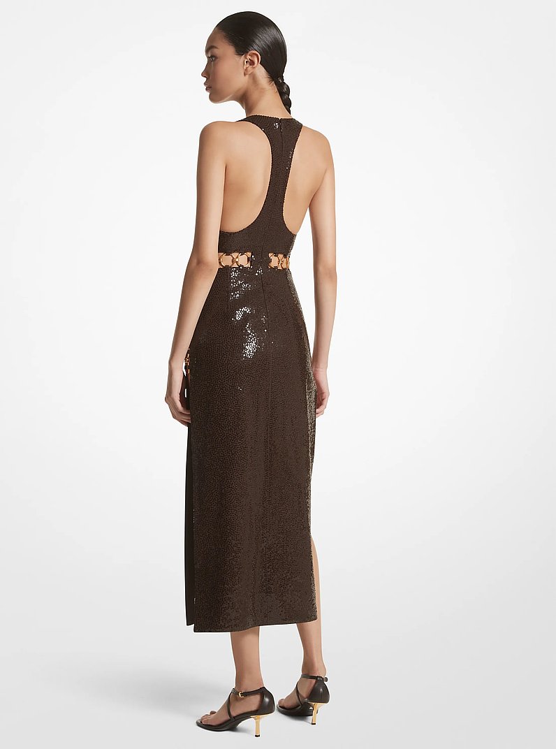 Hand-Embroidered Sequin Double Crepe Sabl&eacute; Ring Dress in CHOCOLATE | Michael Kors