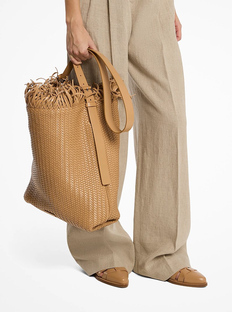 Kiera Hand-Woven Leather Hobo Bag in PEANUT | Michael Kors