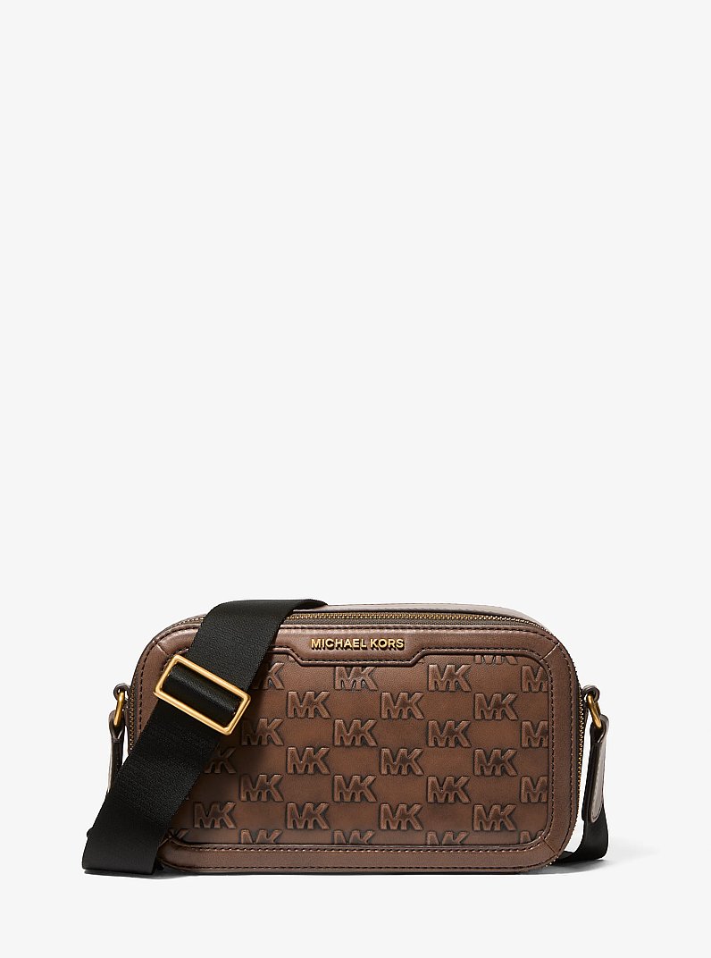 mjh Hudson Logo Embossed Burnished Leather Crossbody Bag in CHOCOLATE