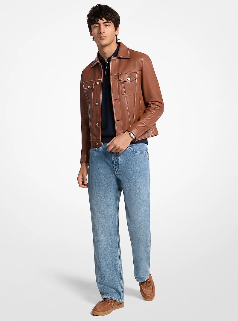 Topstitched Leather Trucker Jacket in LUGGAGE | Michael Kors