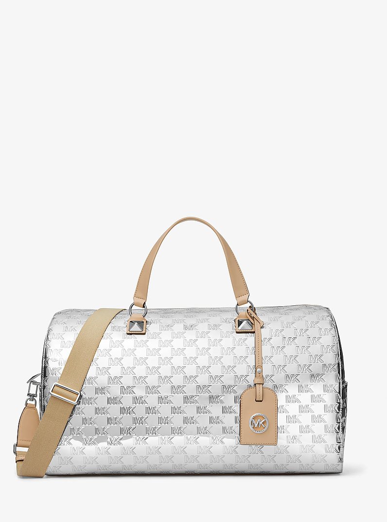 Grayson Extra-Large Logo Embossed Patent Weekender Bag in SILVER | Michael Kors
