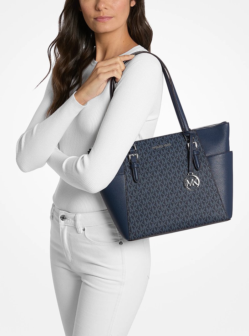 Charlotte Large Logo and Leather Top-Zip Tote Bag in ADMIRAL | Michael Kors
