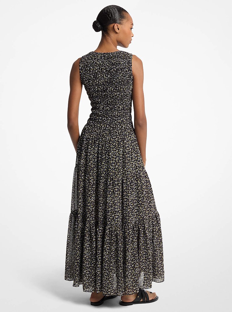 Vestido largo de georgette con estampado floral y fruncido in VERDE &Aacute;RBOL | Michael Kors