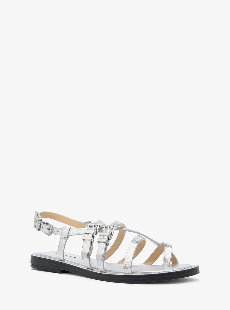 Darrington Crackled Metallic Leather Sandal in SILVER | Michael Kors