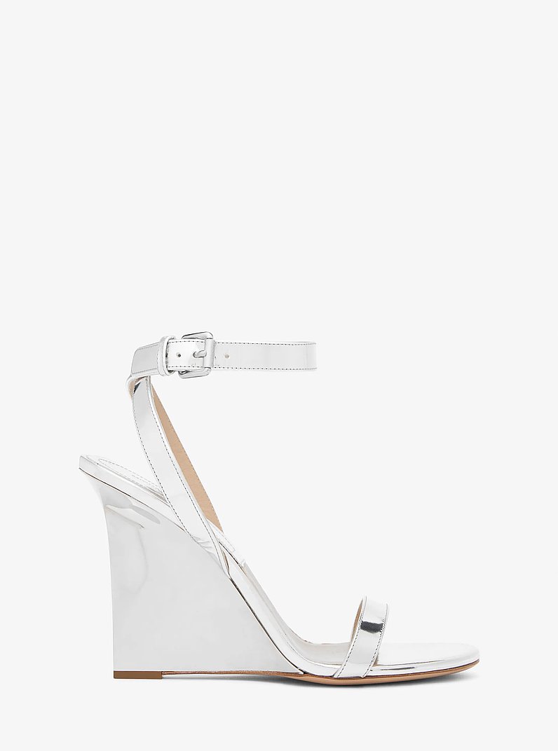 Claudia Specchio Leather Wedge Sandal in SILVER | Michael Kors