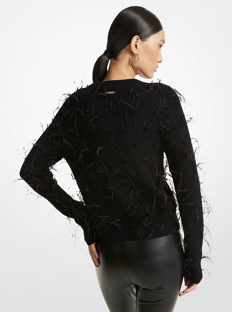 Feather Embellished Merino Wool Blend Cropped Sweater in BLACK | Michael Kors
