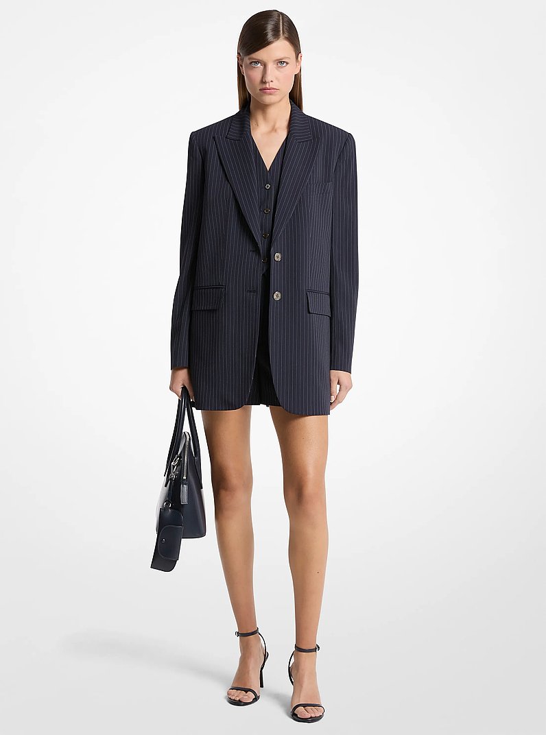 Pinstripe Wool Blend Boyfriend Blazer in Midnight/white | Michael Kors