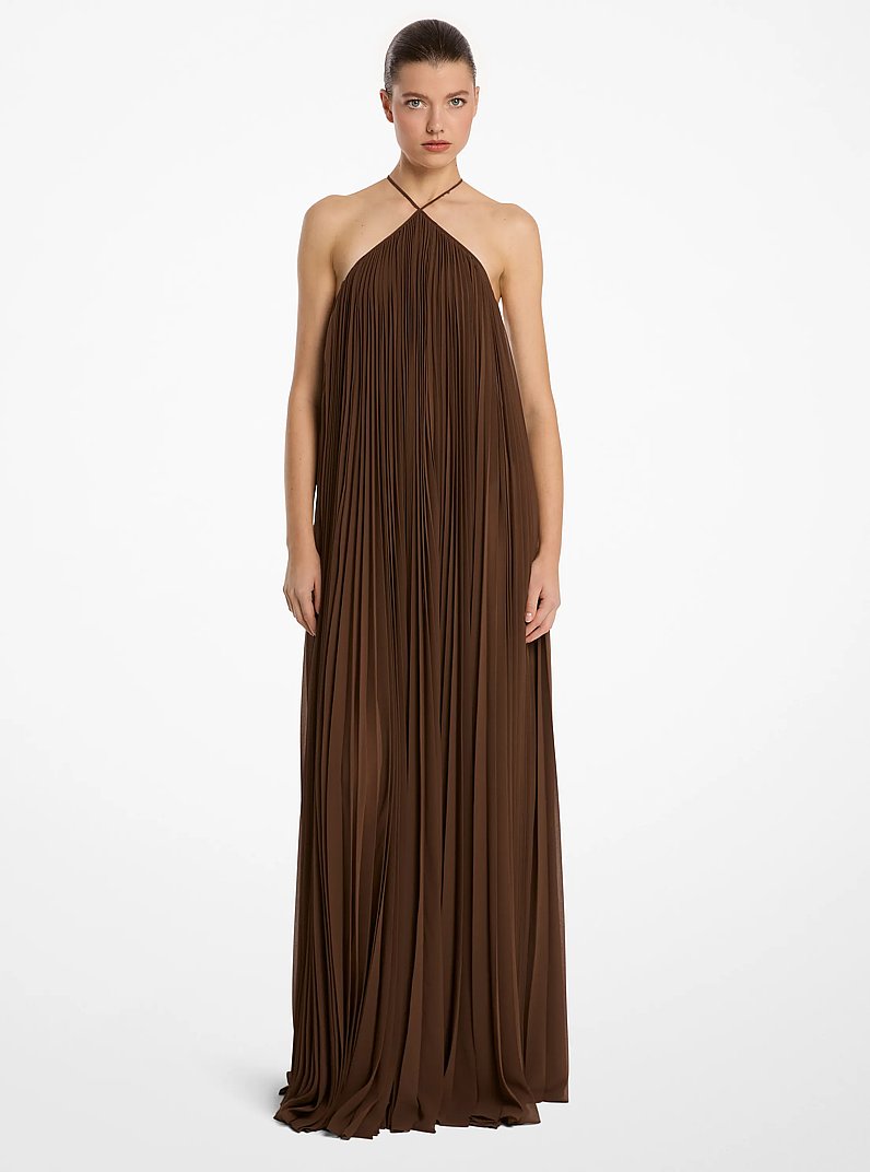 Pleated Techno Chiffon Halter Gown in JAVA | Michael Kors