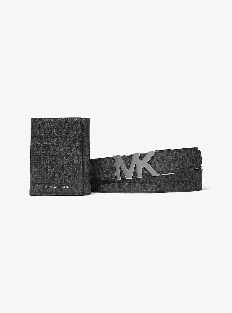 Signature Logo Tri-Fold Card Case and Belt Gift Set in BLACK | Michael Kors