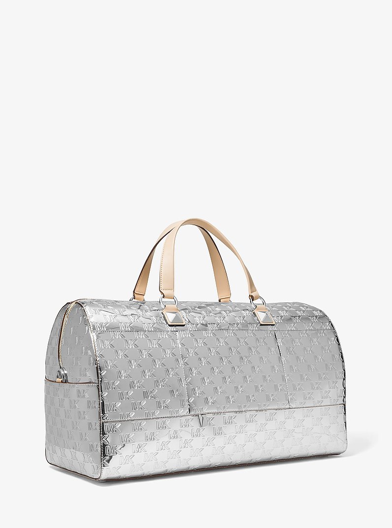 Grayson Extra-Large Logo Embossed Patent Weekender Bag in SILVER | Michael Kors