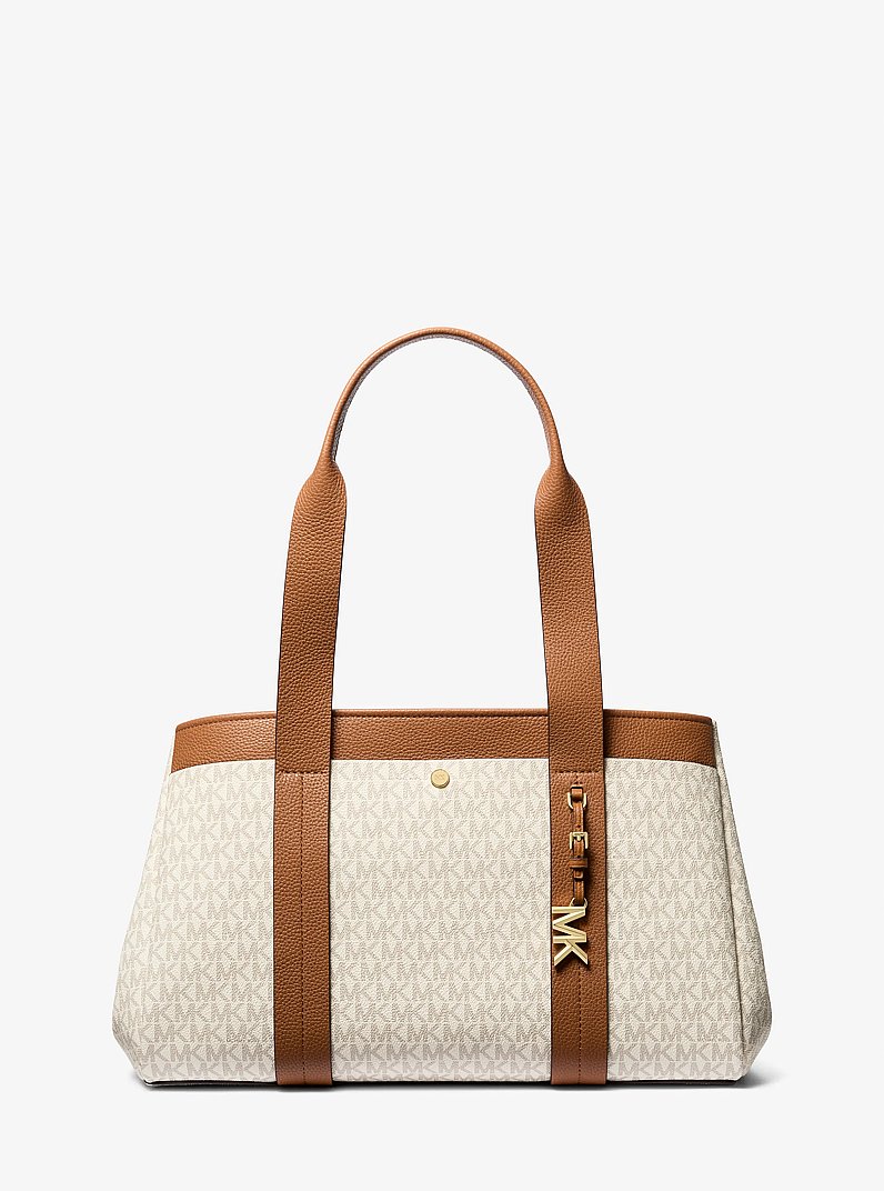 Romee Large Signature Logo and Leather Tote Bag in VANILLA/ACORN | Michael Kors