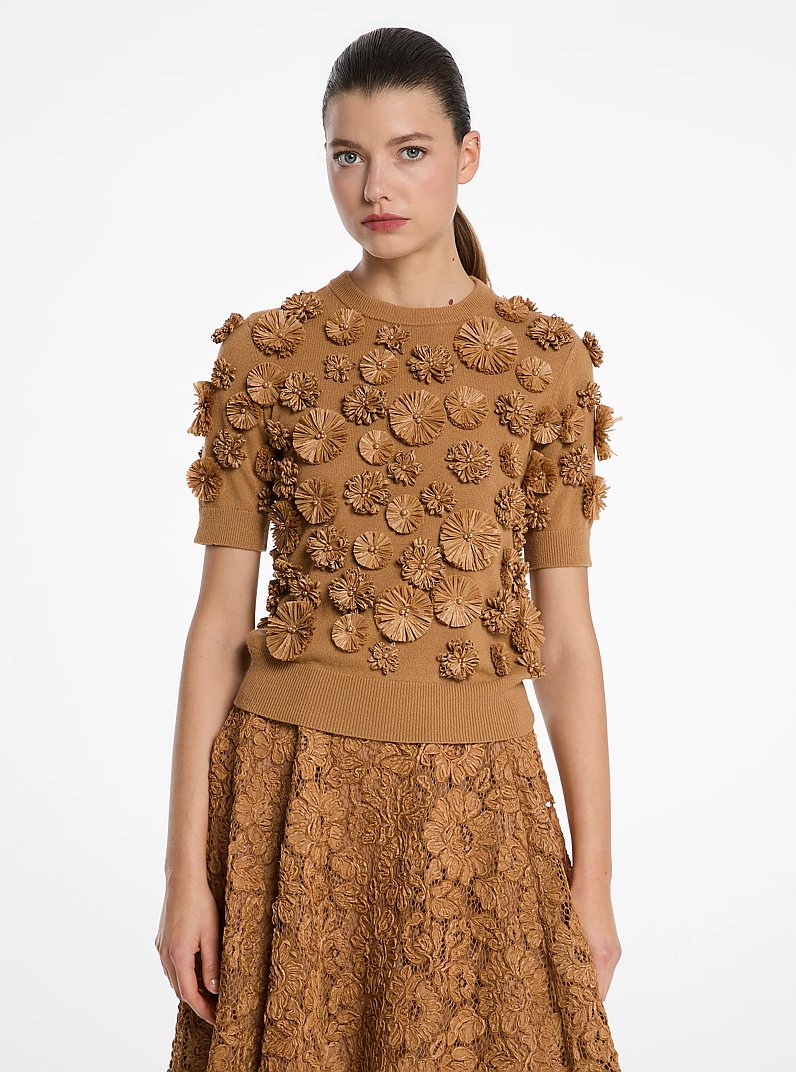 Hand-Embroidered Floral Cashmere Shell Top