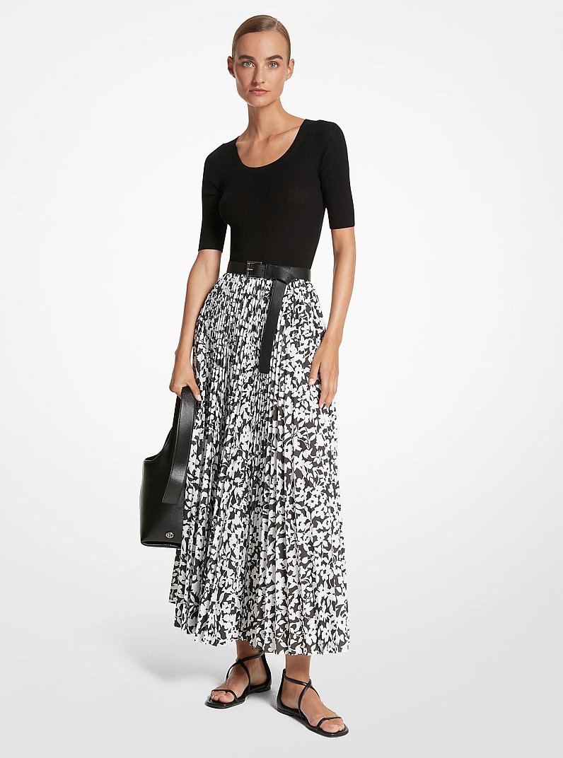 Floral Poplin Pleated Skirt in BLACK/WHITE | Michael Kors