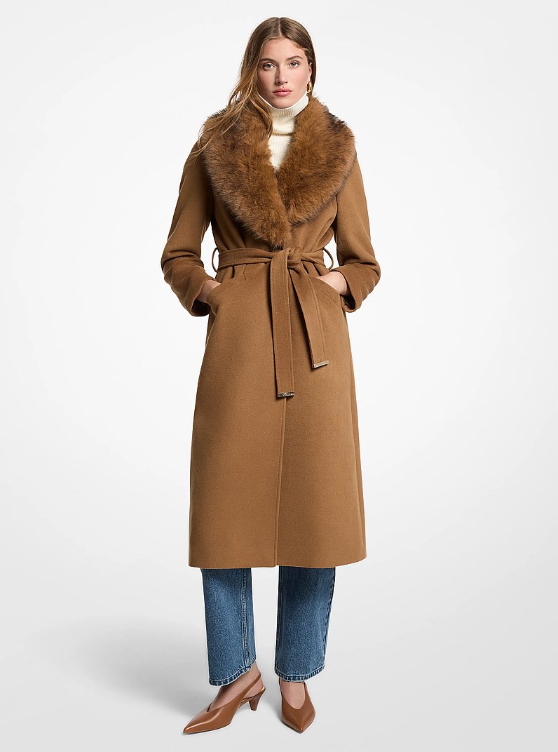Manteau en m&eacute;lange de laine bord&eacute; de fausse fourrure in POIL DE CHAMEAU FONC&Eacute; | Michael Kors
