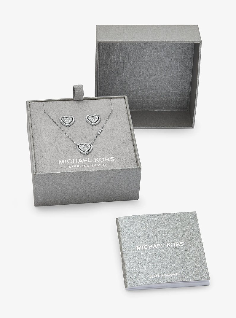Precious Metal-Plated Sterling Silver Pav&eacute; Heart Necklace and Earrings Gift Set in SILVER | Michael Kors