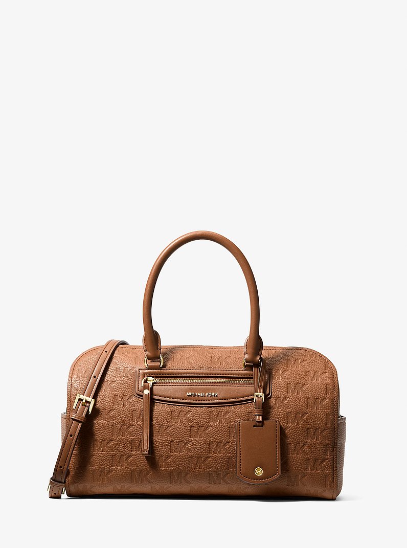 Jet Set Travel Medium Logo Embossed Leather Duffel Crossbody Bag in LUGGAGE | Michael Kors