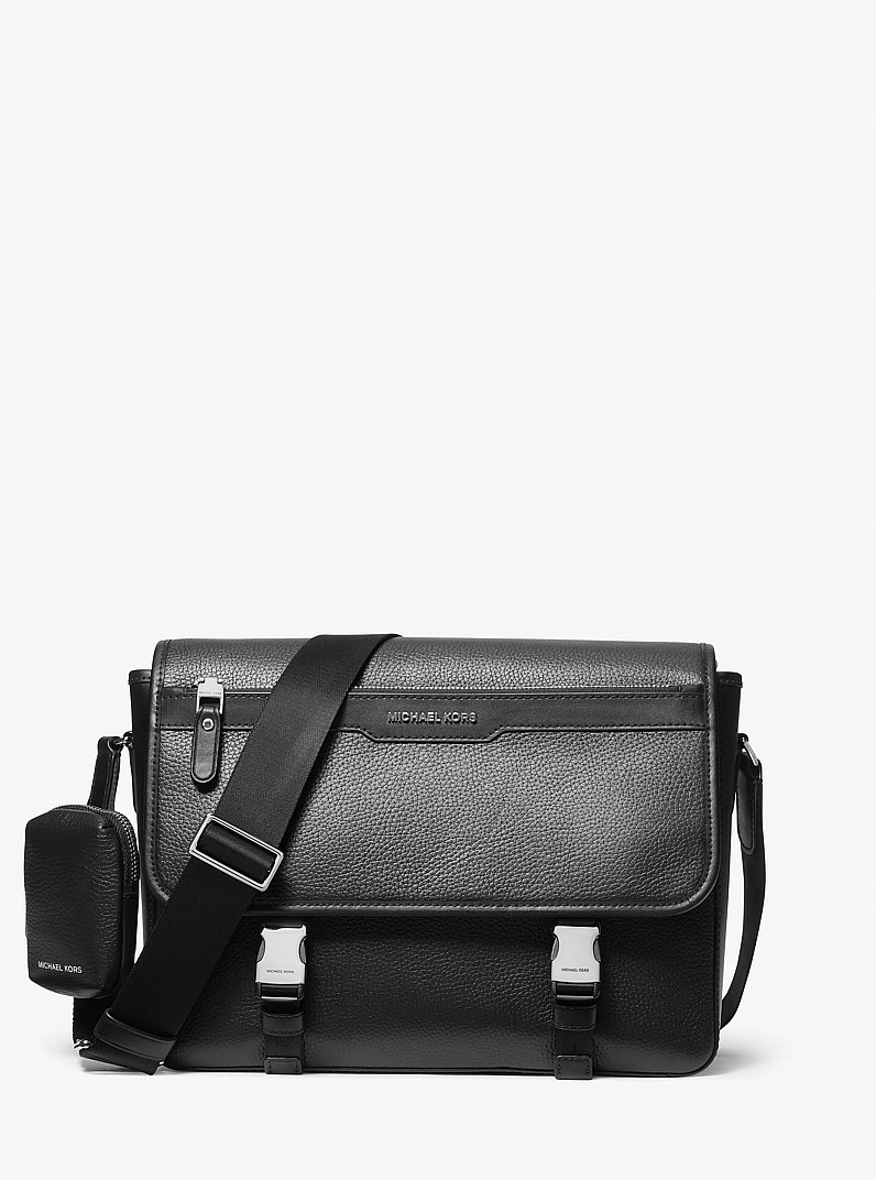 Hudson Pebbled Leather Messenger Bag with Pouch in BLACK | Michael Kors
