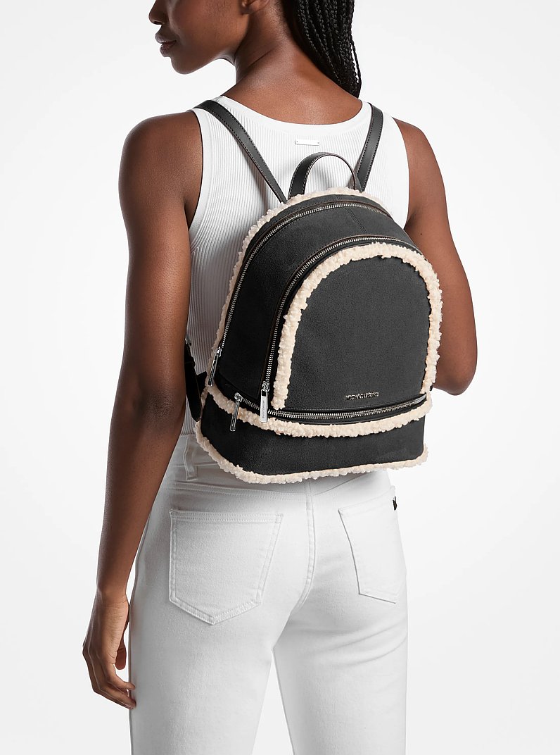 Rhea Medium Suede and Faux Shearling Backpack in BLACK | Michael Kors