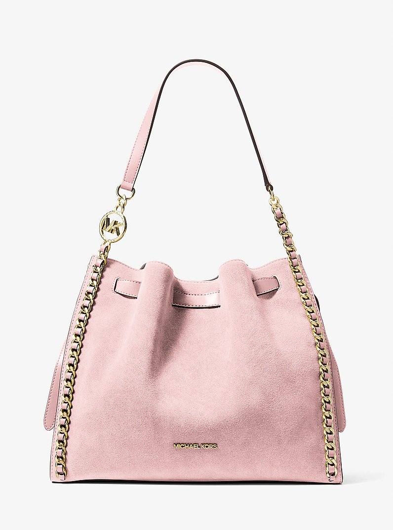 Mina Large Suede Chain Shoulder Bag in POWDER BLUSH - Sale