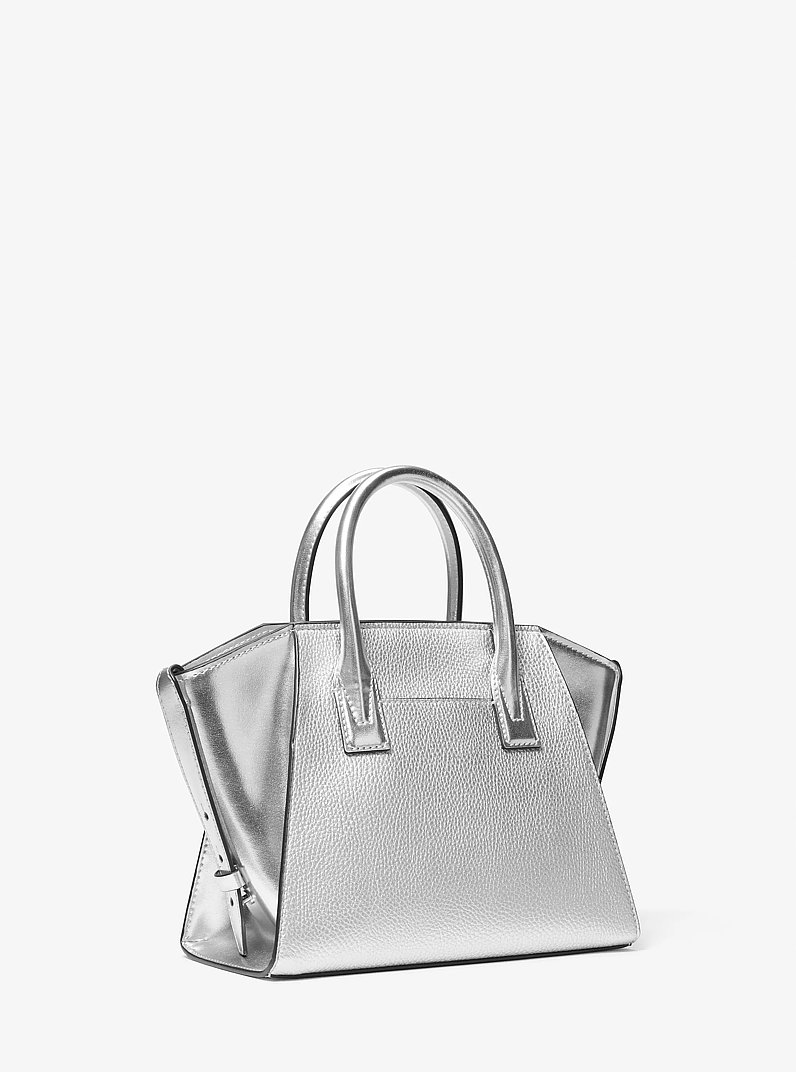 Avril Small Metallic Studded Patchwork and Signature Logo Satchel in SILVER | Michael Kors