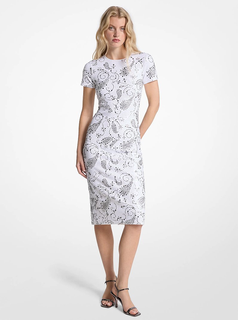 Studded Paisley Scuba Midi Dress in WHITE | Michael Kors
