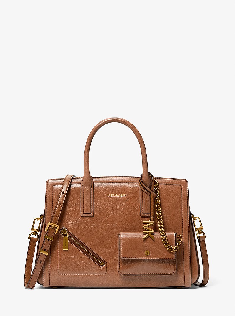 Laila Medium Crackled Leather Satchel with Card Case in LUGGAGE | Michael Kors