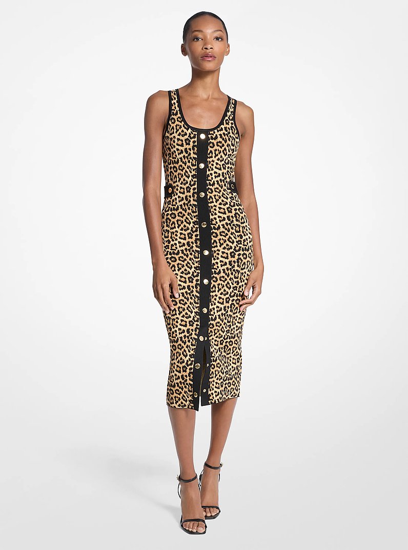 Leopard Print Stretch Viscose Midi Tank Dress in PALE BUTTERSCOTCH | Michael Kors