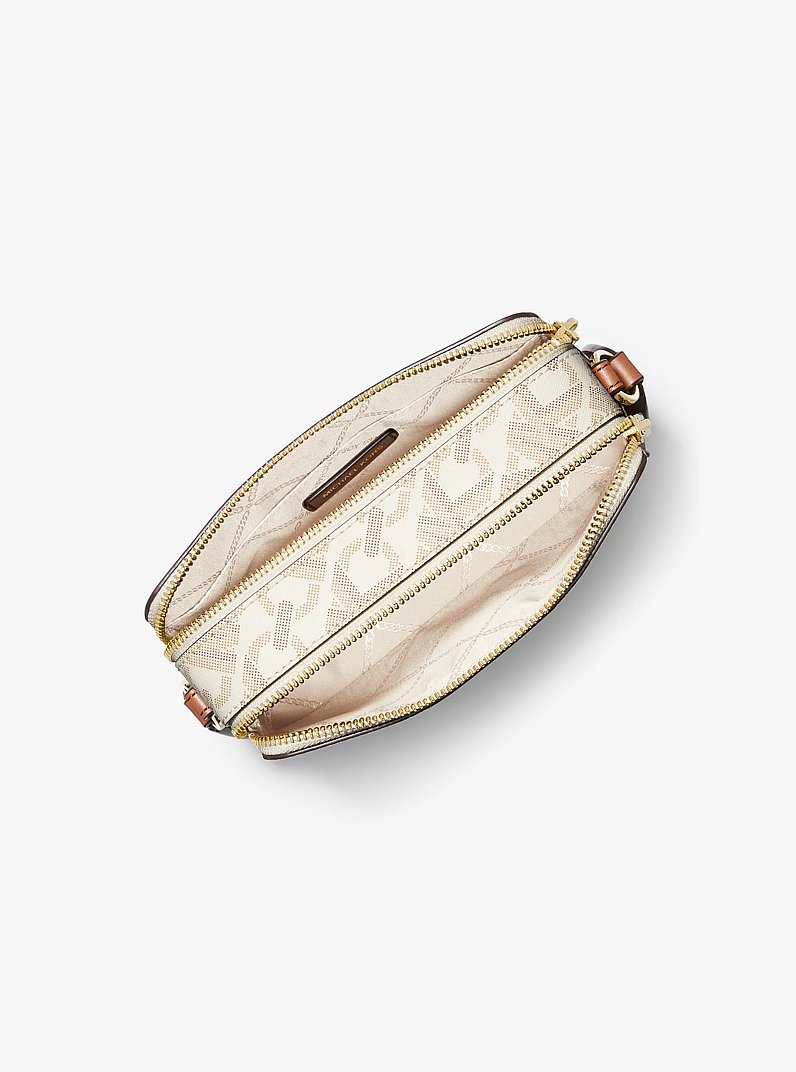 Jet Set Small Empire Signature Logo Stripe Double-Zip Camera Bag in VANILLA/LUGGAGE | Michael Kors
