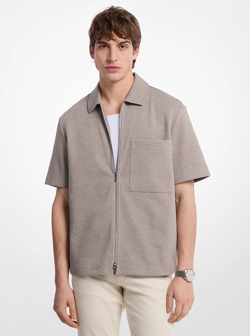 Camisa de mezcla de algod&oacute;n de punto doble con cremallera in CASTA&Ntilde;O JASPEADO | Michael Kors