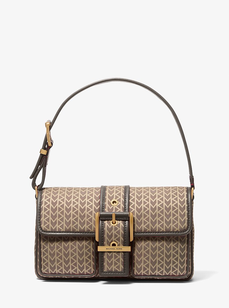 Mala de ombro com log&oacute;tipo MK2000 em jacquard Colby m&eacute;dia in NATURAL | Michael Kors