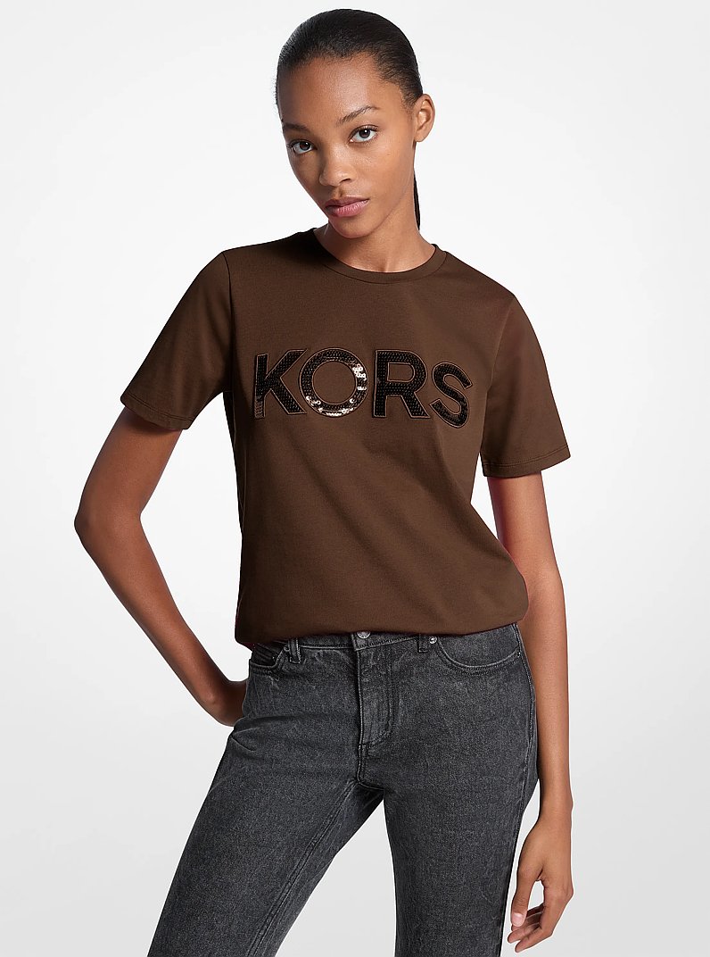 Sequined Logo Cotton T-Shirt in CHOCOLATE | Michael Kors