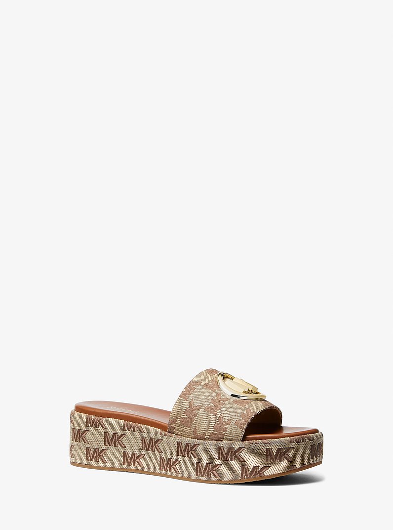 Sadler Logo Jacquard Wedge Sandal in BEIGE/EBONY/BROWN | Michael Kors