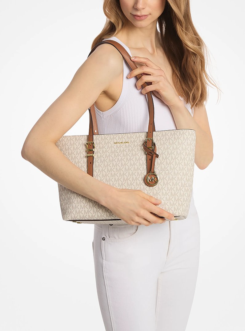Quinn Medium Signature Logo and Leather Tote Bag in VANILLA/ACORN | Michael Kors