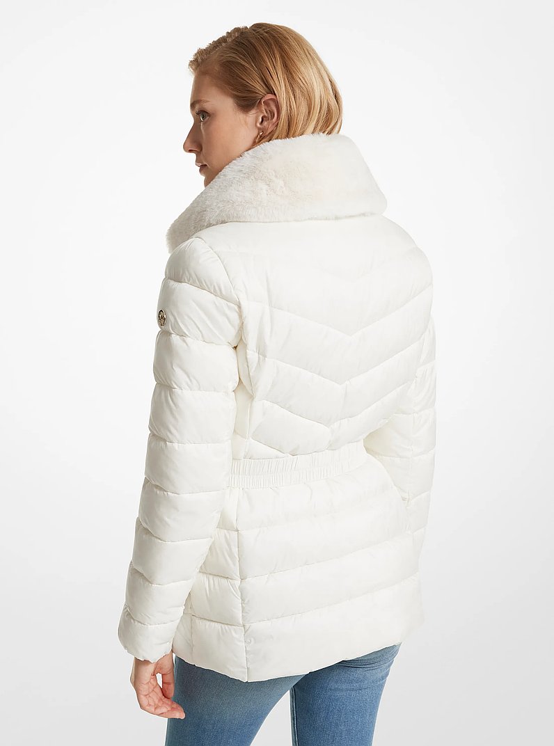 Faux Fur Trim Quilted Nylon Packable Puffer Jacket in BONE | Michael Kors