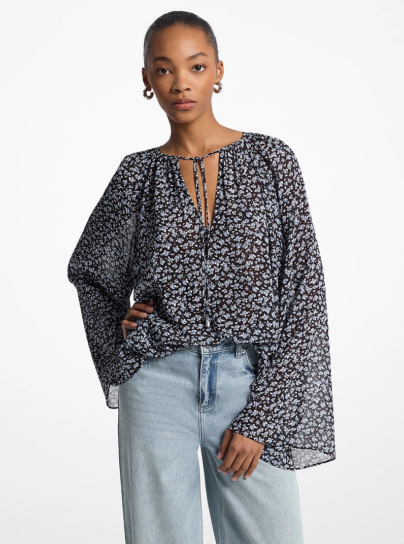 Floral Georgette Flared Sleeve Blouse in CHAMBRAY | Michael Kors