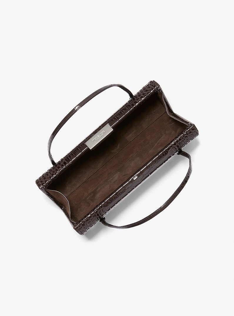 Natalie Crocodile Embossed Patent Leather Barrel Bag in CHOCOLATE | Michael Kors