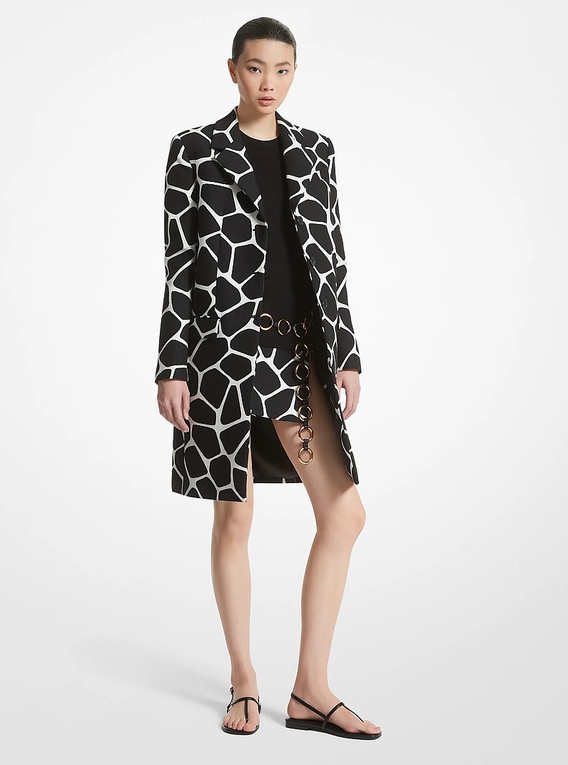 Giraffe Cotton and Silk Jacquard Chesterfield Coat in WHITE/BLACK | Michael Kors
